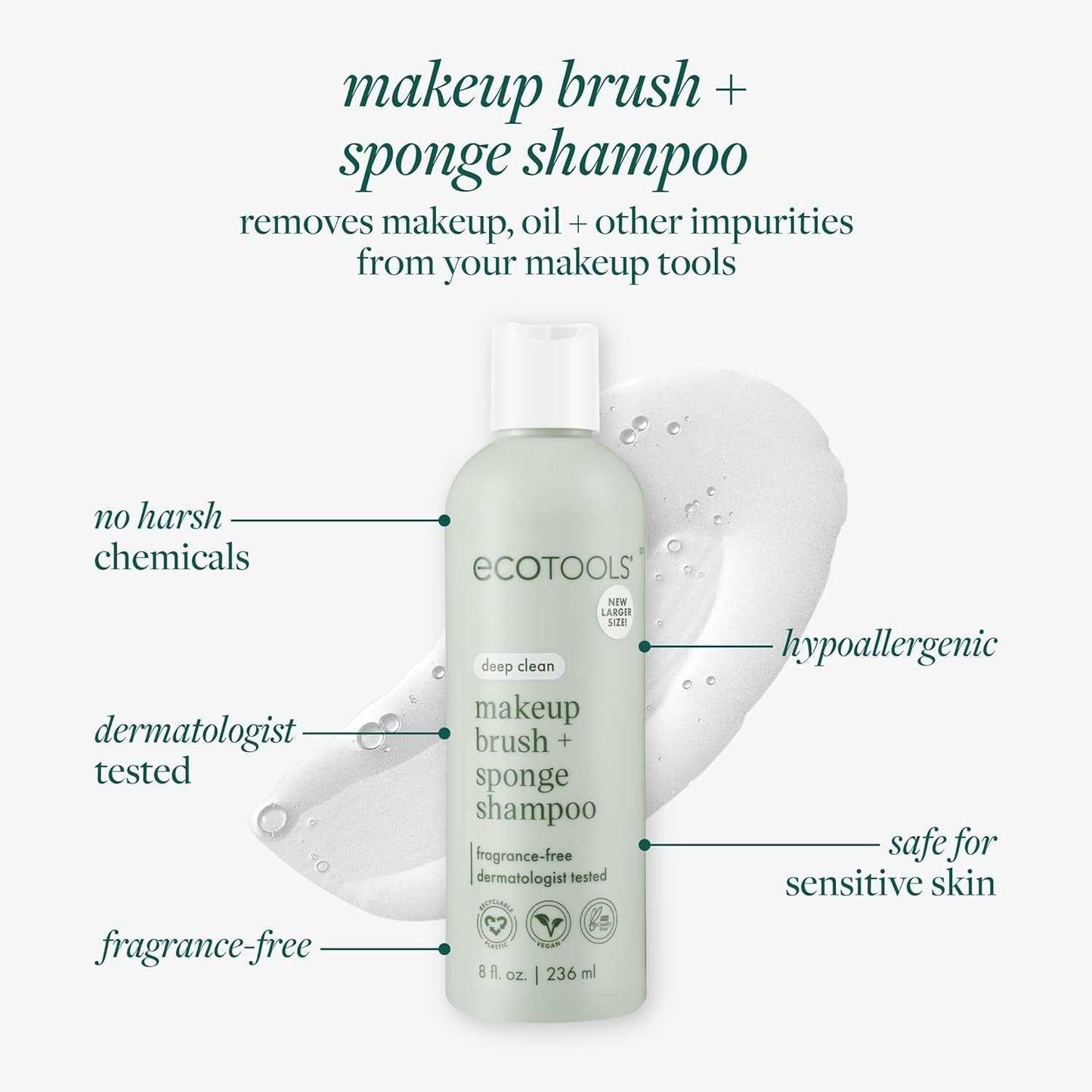 Makeup Brush + Sponge Shampoo, Remove Makeup & Impurities from Tools, Sponges, & Puffs, Fragrance-Free Brush Cleanser, No Harsh Chemicals, Vegan, & Cruelty-Free, 8 Fl. Oz./236 Ml. Bottle