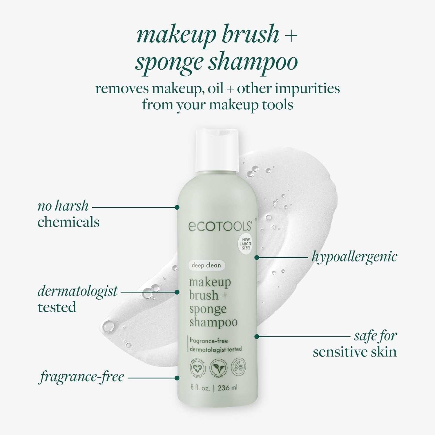 Makeup Brush + Sponge Shampoo, Remove Makeup & Impurities from Tools, Sponges, & Puffs, Fragrance-Free Brush Cleanser, No Harsh Chemicals, Vegan, & Cruelty-Free, 8 Fl. Oz./236 Ml. Bottle